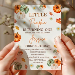 Little Pumpkin Birthday Invitation, Pumpkin 1st Birthday Invitation, A Little Pumpkin Is Turning One Invite, Fall Birthday Invitation Girl