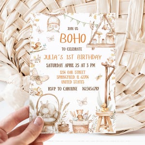 Invitación de primer cumpleaños boho, plantilla de Canva, producto digital, invitación de primer cumpleaños, fiesta temática boho