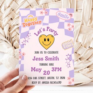 Editable smiley face invite, smiley face birthday, emoji invitation, smiley face invite, groovy invitation, retro smiley face