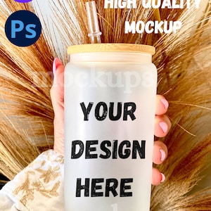 16oz Libbey Clear Glass Can Mockup | photoshop Smart Object Mockup | Can Glass Mockup | Iced Coffee Glass Can Mockup | Clear 16oz Can Mockup