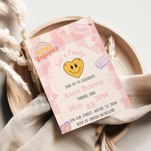 Editable smiley face invite, smiley face birthday, emoji invitation, smiley face invite, groovy invitation, retro smiley face