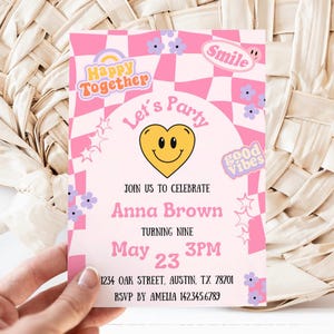 Editable smiley face invite, smiley face birthday, emoji invitation, smiley face invite, groovy invitation, retro smiley face