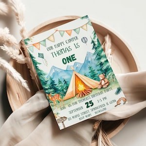 One Happy Camper First Birthday Invitation Template, Instant Download, Camping Birthday, Camping Theme Party, Canva Template