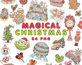 May include: A collection of 84 digital illustrations featuring holiday-themed icons including a gingerbread house, a decorated castle, a clock, a nutcracker, a geodesic dome, and various treats with the text MAGICAL CHRISTMAS 84 PNG.