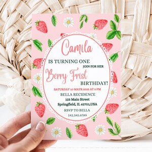 Pink Berry First Birthday Invitation, Berry First Birthday Digital Invitation Birthday, Strawberry First Birthday Invite, Canva Template