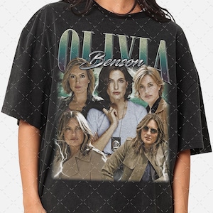 Könnte beinhalten: Schwarzes T-Shirt mit einem Vintage-Grafikdruck von Olivia Benson aus der Fernsehserie Law & Order: Special Victims Unit. Die Grafik ist eine Collage von Bildern von Olivia Benson, mit dem Text "Olivia Benson" in fetter, weißer Schrift.