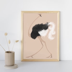 Fabuloso avestruz - ilustración contemporánea moda original dibujos animados retro pájaro puntal arte de pared decoración obra de arte rosa autruche arte digital