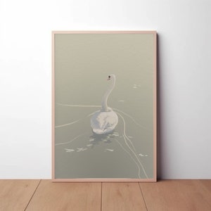Cisne flotando - obra de arte digital original, arte de pared minimalista neutro, impresión artística pacífica, póster contemporáneo, decoración, ilustración tranquila