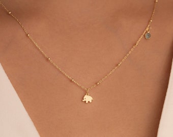 Collier éléphant en or 14 carats : pendentif porte-bonheur minimaliste, petit porte-bonheur, colliers délicats pour femme, cadeaux d'anniversaire pour elle et sa fille