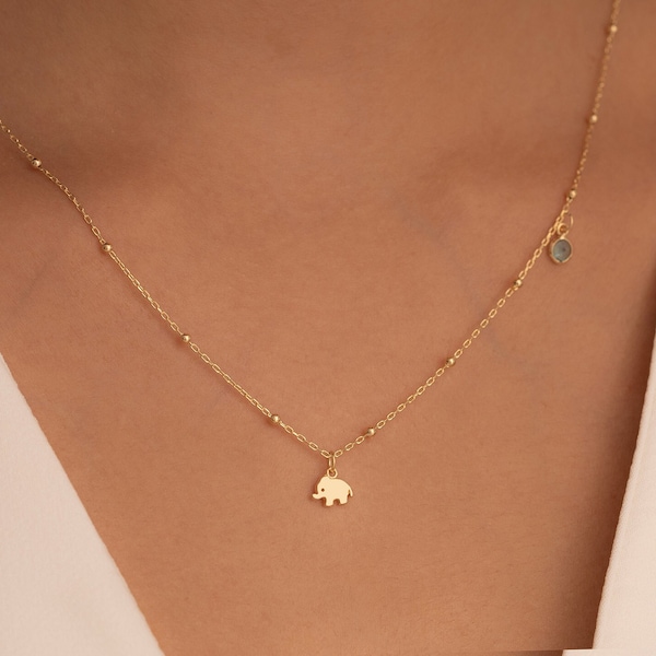 Collier éléphant en or 14 carats : pendentif porte-bonheur minimaliste, petit porte-bonheur, colliers délicats pour femme, cadeaux d'anniversaire pour elle et sa fille