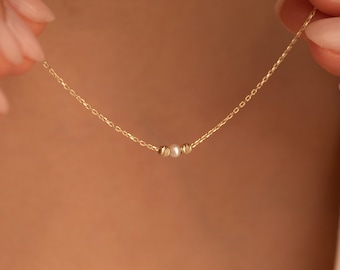 Collier de mariée en perles : bijoux en perles délicats - pendentif simple en or 14 carats - cadeaux d'anniversaire, de naissance et de fête des mères pour elle, femme et femme