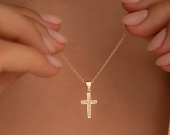 14K gouden kruisketting, diamanten (CZ) kruischarme, doop- en communiegeschenken, minimalistische vrouwen Kreuz Kette, sierlijke religieuze hanger LCN1