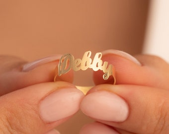 14K Gold Name Ring: Personalized Handwriting Jewelry, Custom Gift, Dainty Baby Name Band, Women Rings, Unique Mother's Day Gifts for Mom