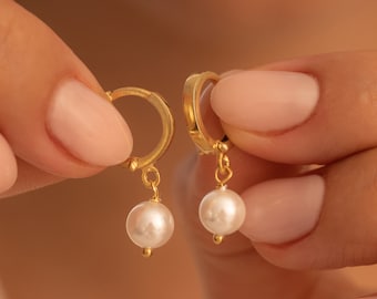 Pearl Drop Earings: Dainty Bridal & Bridesmaid Wedding Jewelry, Freshwater Pearl Earrings, 14K Gold Hoops, Gifts for Her Women and Mom