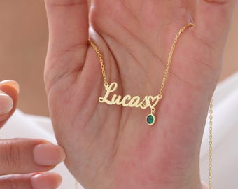 14K Gold Name Necklace with Birthstone, Custom Jewelry Gifts for Mom, Gifts for Mom, Necklaces for Women, Christmas Gifts for Her