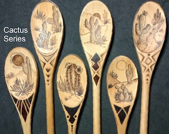 Food Safe Cactus Artisan Wood Burned Kitchen Spoons 12 in