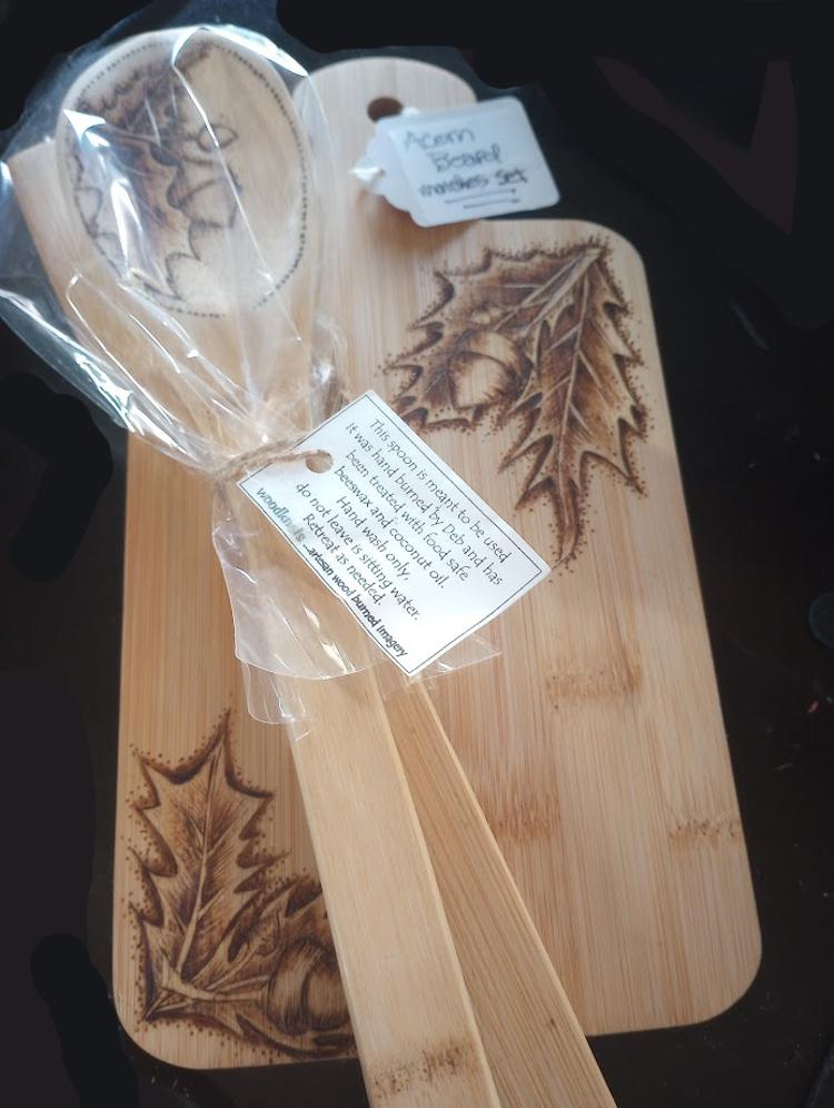 Set of Two Wood Burned Bamboo Kitchen Utensils and Matching Charcuterie Board
