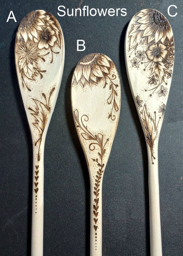 Food Safe Sunflowers Artisan Wood Burned Kitchen Spoons 12 in You ...