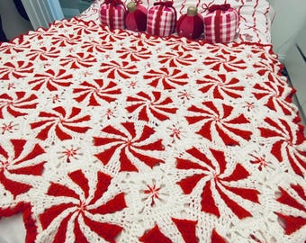 Crochet Christmas Peppermint Blanket Large Single Double Bed Throw