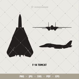 May include: A black and white silhouette of an F-14 Tomcat fighter jet. The jet is shown in two different views, one from the front and one from the side. The text "F-14 TOMCAT" is printed below the image.