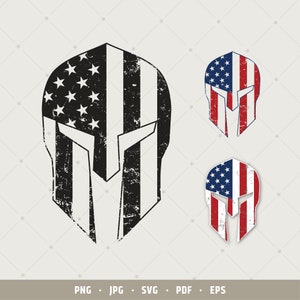 May include: A black and white distressed Spartan helmet with the American flag design. The helmet is a vector graphic and is available in PNG, JPG, SVG, PDF, and EPS formats.
