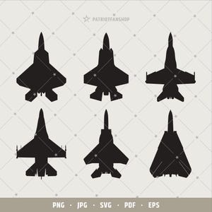 May include: Six black silhouette images of different fighter jets. The jets are facing forward and are all in the same pose. The images are on a white background.