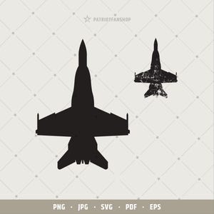 May include: A black silhouette of a fighter jet with a distressed version of the same image to the right.