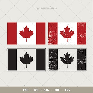 Peut inclure: Quatre variations du drapeau canadien. Les deux premiers sont rouge et blanc avec une feuille d'érable rouge. Les deux suivants sont noir et blanc avec une feuille d'érable noire. Les deux drapeaux du haut ont un aspect vieilli et délabré. Les deux drapeaux du bas ont un aspect propre et net.
