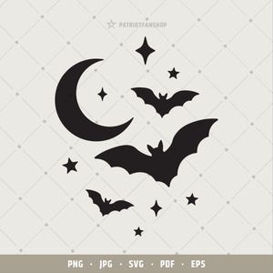 May include: Black silhouette graphic of a crescent moon, bats, and stars. The design includes three bats of varying sizes, several five-pointed stars, and a crescent moon. The text "PATRIOTFANSHOP" is at the top. The image has a neutral background.