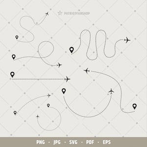 May include: A digital graphic featuring several black airplane silhouettes following dotted lines, with location pin icons. The design includes the text "PATRIOTFANSHOP" and file type options: PNG, JPG, SVG, PDF, and EPS, set against a light gray background.
