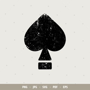 May include: Black and white grunge style illustration of a spade playing card symbol.