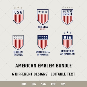 Pode incluir: Um conjunto de seis designs de emblemas com tema da bandeira americana. Cada emblema apresenta uma forma de escudo com listras vermelhas e azuis e estrelas brancas. O texto inclui "USA", "America", "American Spirit", "Made in the USA", "United States of America", e "Proud to be an American".