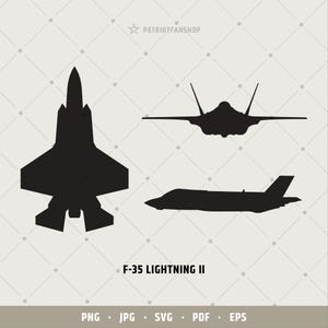 May include: Black silhouette graphic of the F-35 Lightning II fighter jet in three views: front, top, and side. The text "F-35 LIGHTNING II" is below the images. The PatriotFanShop logo is in the top right corner.