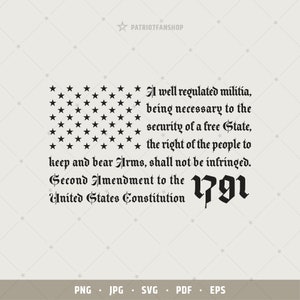 Può includere: Un design grafico in bianco e nero del Secondo Emendamento alla Costituzione degli Stati Uniti, con una bandiera americana a forma di stella sullo sfondo. Il testo recita: "A well regulated militia, being necessary to the security of a free State, the right of the people to keep and bear Arms, shall not be infringed. Second Amendment to the United States Constitution 1791."