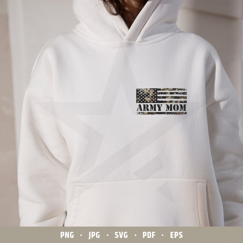 May include: White hoodie with a camouflage American flag and the text "ARMY MOM" printed on the front.