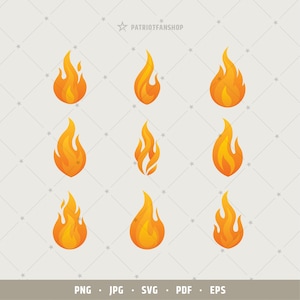 May include: Nine stylized illustrations of flames in shades of orange and yellow. The flames vary in shape and size, with some having a more rounded appearance and others being more elongated. The text "PATRIOTFANSHOP" is at the top, and file type icons are at the bottom.