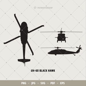Może przedstawiać: Sylwetka helikoptera UH-60 Black Hawk w trzech różnych widokach. Helikopter to samolot wojskowy o charakterystycznym dwusilnikowym układzie wirników.
