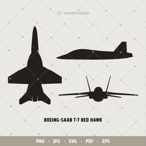 May include: Black silhouette illustrations of the Boeing-Saab T-7 Red Hawk aircraft. The image features three different views of the jet: front, side, and top. The text "BOEING-SAAB T-7 RED HAWK" is displayed below the aircraft illustrations. The image also includes file type indicators.