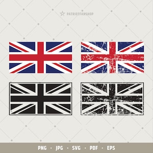 Pode incluir: Quatro variações da bandeira Union Jack. A primeira é uma bandeira Union Jack padrão. A segunda é uma bandeira Union Jack desgastada. A terceira é uma bandeira Union Jack em preto e branco. A quarta é uma bandeira Union Jack em preto e branco desgastada.