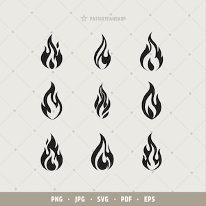 May include: Nine black flame graphics in various shapes and sizes are arranged on a light beige background. The top of the image has the text "PATRIOTFANSHOP" and the bottom has file type options: PNG, JPG, SVG, PDF, and EPS.