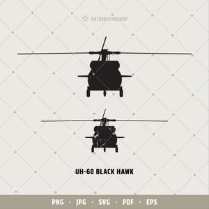 Op de afbeelding: Silhouet van een zwarte UH-60 Black Hawk helikopter met een wit tekstlabel "UH-60 BLACK HAWK".