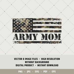 May include: A digital design featuring a distressed American flag with a camouflage pattern and the text "ARMY MOM".
