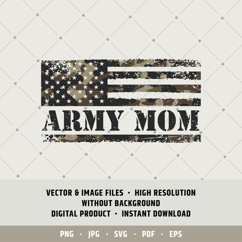 May include: A digital design featuring a distressed American flag with a camouflage pattern and the text "ARMY MOM".