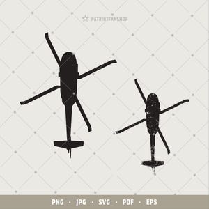 Op de afbeelding: Twee zwarte silhouetbeelden van helikopters, een groter dan de andere, met een verweerde, grunge-achtige textuur.