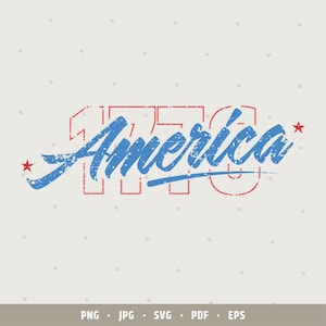 May include: A blue and red graphic design with the text "1776 America" in a distressed style. The design is surrounded by small white stars on a light gray background.