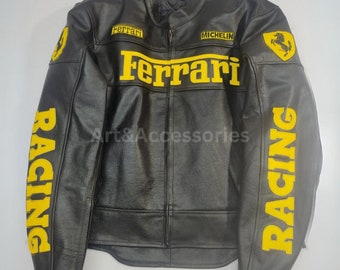 Leather Jacket Ferrari Racing Genuine jacket Cowhide Black & Yellow Leather Jacket Men Motorcycle  Streetwear Biker Leather Jacket.