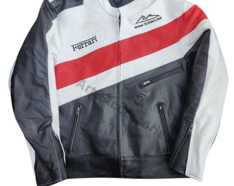 Leather Jacket Ferrari Racing Genuine jacket Cowhide White Leather Jacket Men Motorcycle  Streetwear Biker Leather Jacket -Moto Enthusiasts