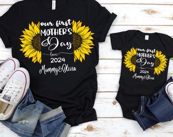 Personalized Sunflower Name Mommy And Baby Outfit Our 1st Mother's Day Shirt Mommy and Me Shirts Custom Names Our First Mother's Day Shirts