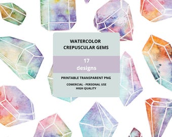 Può includere: Illustrazione ad acquerello di gemme crepuscolari in varie forme e colori, tra cui blu, viola, arancione e verde. L'immagine include il testo: "Watercolor Crepuscular Gems", "17 designs" e "Printable Transparent PNG".