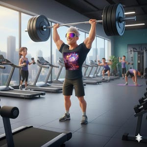 May include: A cartoon illustration of a person lifting a barbell in a gym. The person wears a black t-shirt with a colourful graphic, black shorts, and sunglasses. Other people are exercising in the background, with treadmills visible.